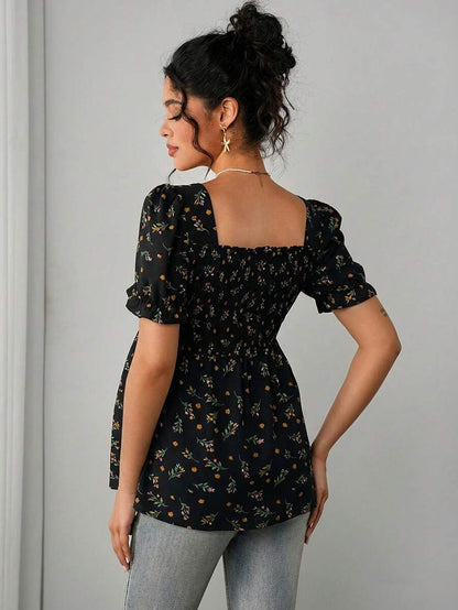Maternity Ditsy Floral Peplum Blouse - Square Neck, Puff Sleeve, Slim Fit, Blue