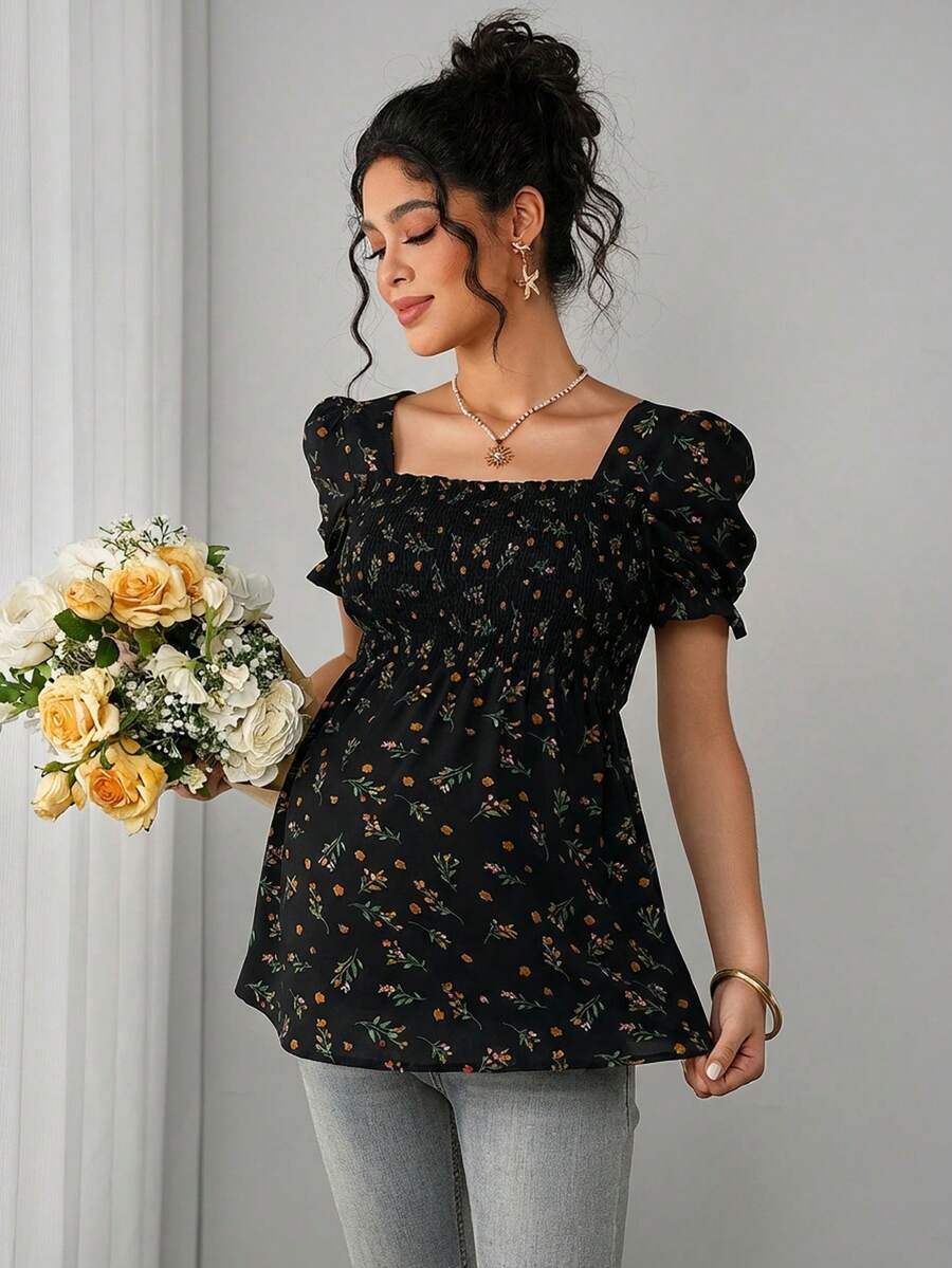 Maternity Ditsy Floral Peplum Blouse - Square Neck, Puff Sleeve, Slim Fit, Blue