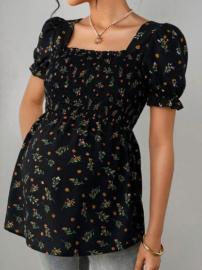 Maternity Ditsy Floral Peplum Blouse - Square Neck, Puff Sleeve, Slim Fit, Blue