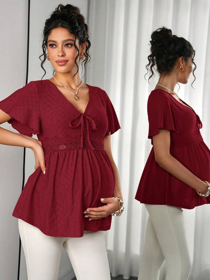 Maternity Hollow Embroidered Tee - V Neck, Puff Short Sleeve, Contrast Lace, Ruched, Yellow