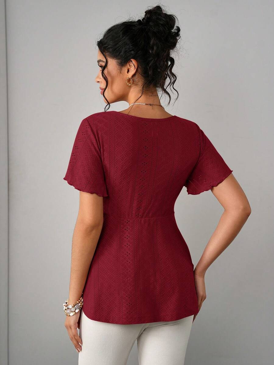 Maternity Hollow Embroidered Tee - V Neck, Puff Short Sleeve, Contrast Lace, Ruched, Yellow