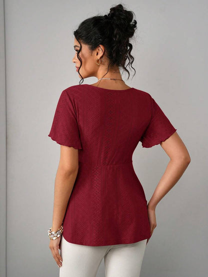 Maternity Hollow Embroidered Tee - V Neck, Puff Short Sleeve, Contrast Lace, Ruched, Yellow
