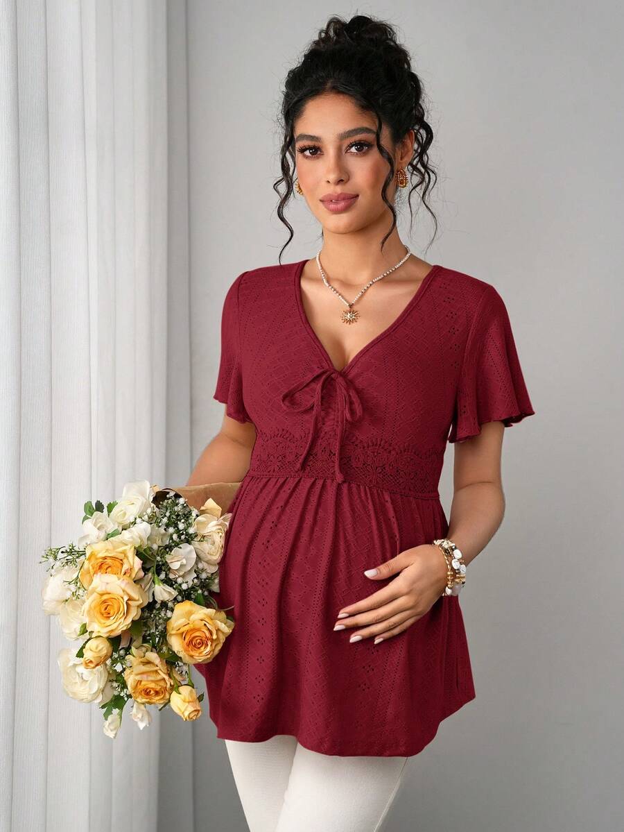 Maternity Hollow Embroidered Tee - V Neck, Puff Short Sleeve, Contrast Lace, Ruched, Yellow