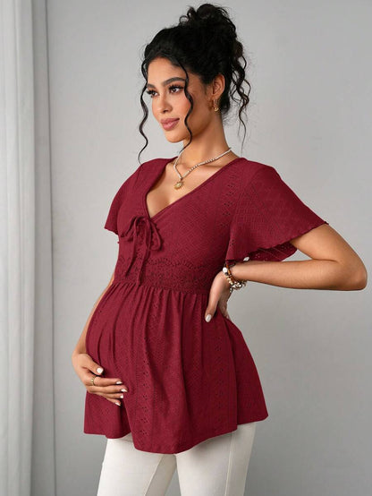Maternity Hollow Embroidered Tee - V Neck, Puff Short Sleeve, Contrast Lace, Ruched, Yellow