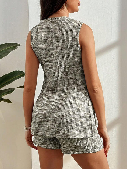 Maternity Tweed Plaid Knit Camisole and Shorts Set  Green Sleeveless Round Neck Slim Fit Two-Piece Beach Vacation Outfit