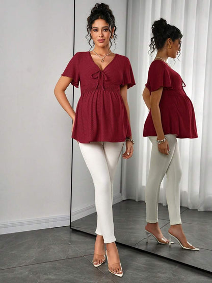 Maternity Hollow Embroidered Tee - V Neck, Puff Short Sleeve, Contrast Lace, Ruched, Yellow