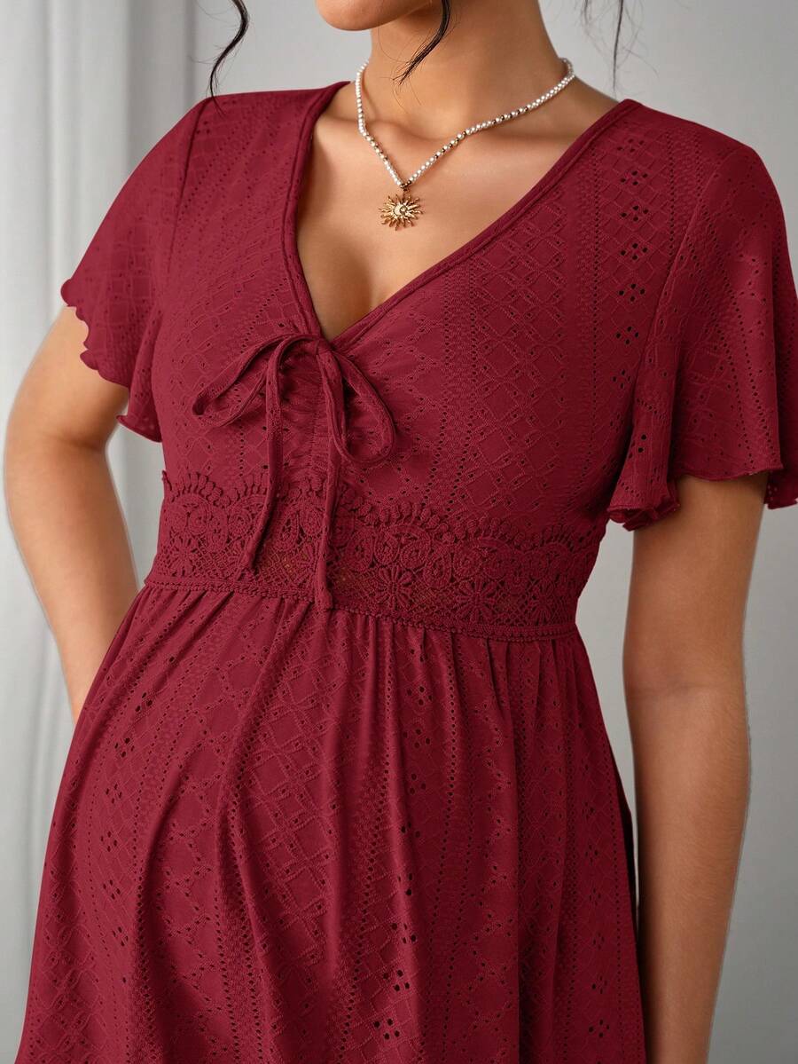 Maternity Hollow Embroidered Tee - V Neck, Puff Short Sleeve, Contrast Lace, Ruched, Yellow