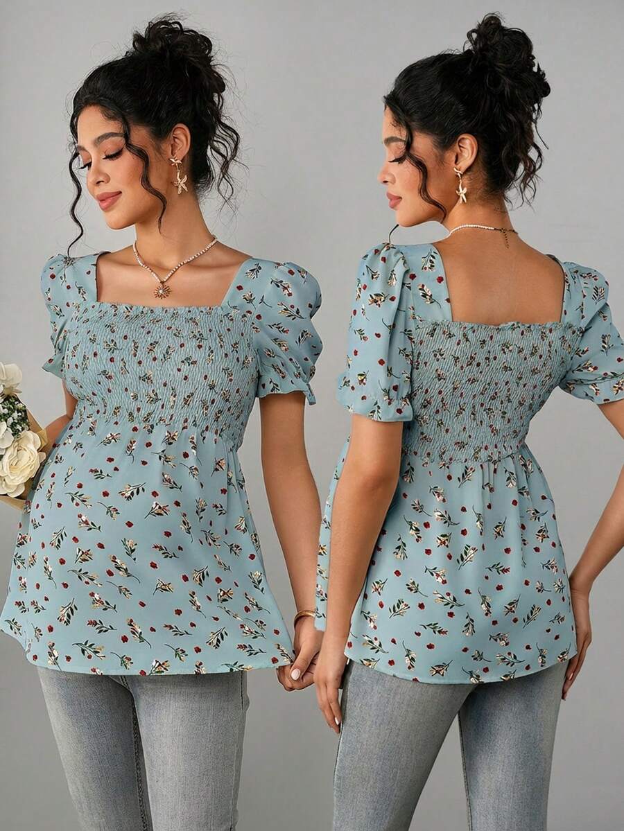 Maternity Ditsy Floral Peplum Blouse - Square Neck, Puff Sleeve, Slim Fit, Blue