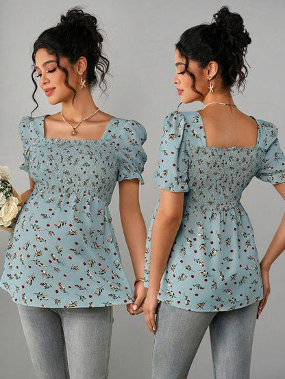 Maternity Ditsy Floral Peplum Blouse - Square Neck, Puff Sleeve, Slim Fit, Blue