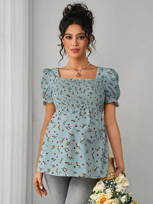 Maternity Ditsy Floral Peplum Blouse - Square Neck, Puff Sleeve, Slim Fit, Blue