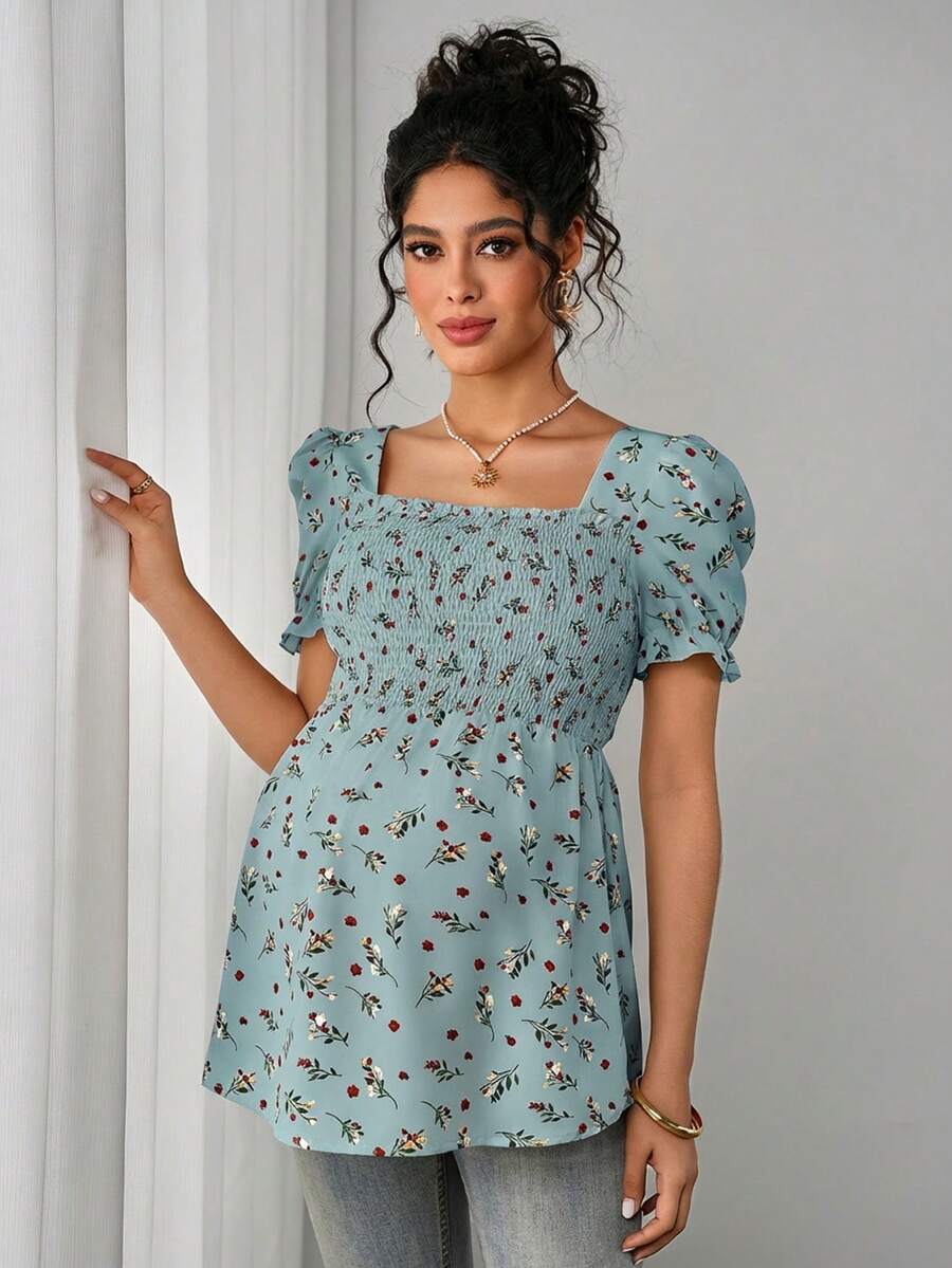 Maternity Ditsy Floral Peplum Blouse - Square Neck, Puff Sleeve, Slim Fit, Blue