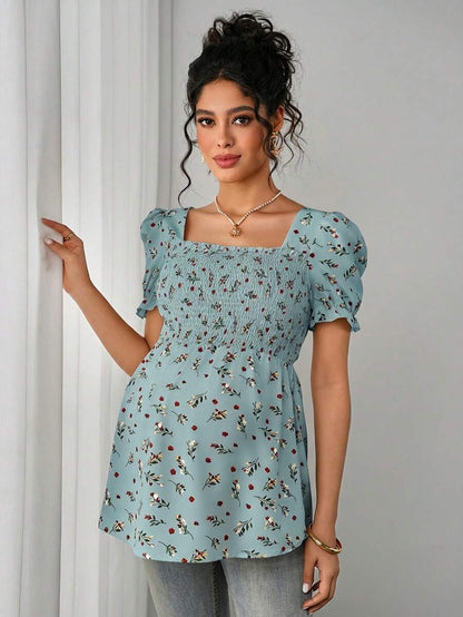 Maternity Ditsy Floral Peplum Blouse - Square Neck, Puff Sleeve, Slim Fit, Blue