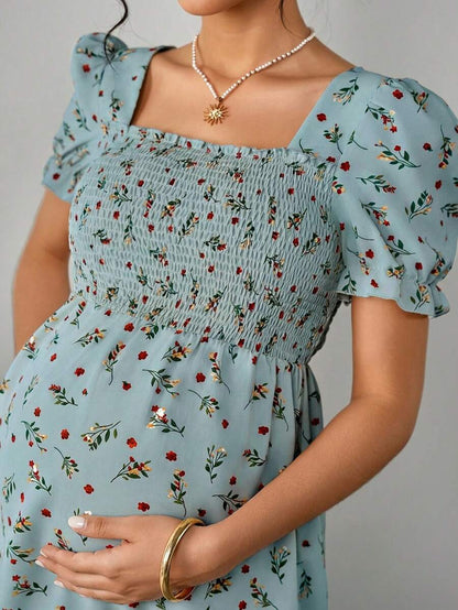 Maternity Ditsy Floral Peplum Blouse - Square Neck, Puff Sleeve, Slim Fit, Blue