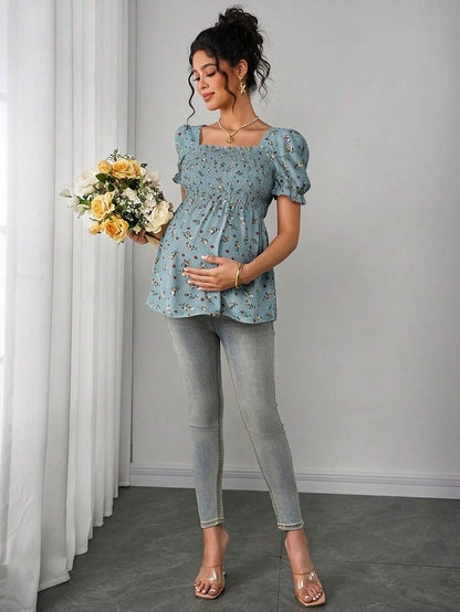 Maternity Ditsy Floral Peplum Blouse - Square Neck, Puff Sleeve, Slim Fit, Blue