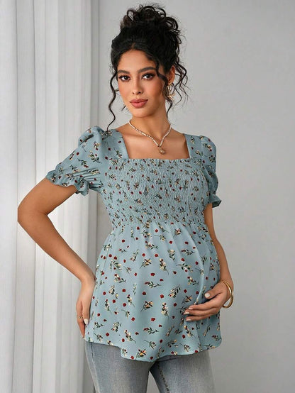 Maternity Ditsy Floral Peplum Blouse - Square Neck, Puff Sleeve, Slim Fit, Blue