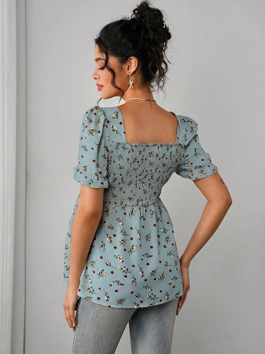 Maternity Ditsy Floral Peplum Blouse - Square Neck, Puff Sleeve, Slim Fit, Blue