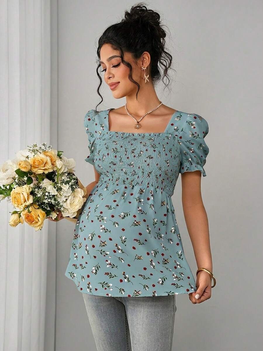 Maternity Ditsy Floral Peplum Blouse - Square Neck, Puff Sleeve, Slim Fit, Blue
