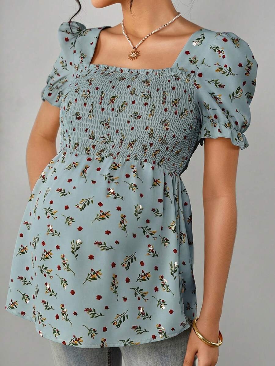 Maternity Ditsy Floral Peplum Blouse - Square Neck, Puff Sleeve, Slim Fit, Blue