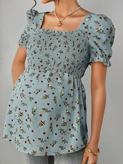 Maternity Ditsy Floral Peplum Blouse - Square Neck, Puff Sleeve, Slim Fit, Blue