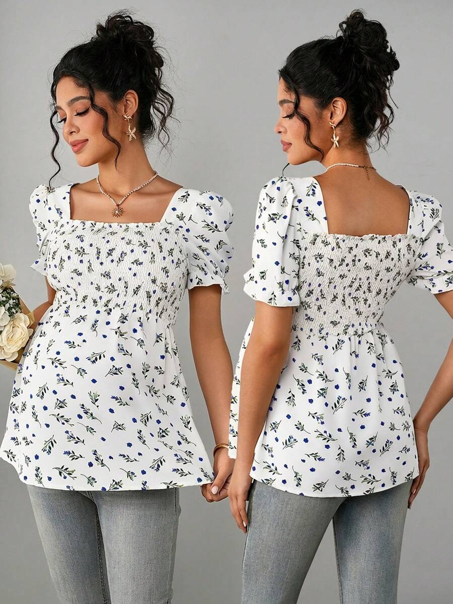 Maternity Ditsy Floral Peplum Blouse - Square Neck, Puff Sleeve, Slim Fit, Blue