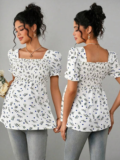 Maternity Ditsy Floral Peplum Blouse - Square Neck, Puff Sleeve, Slim Fit, Blue