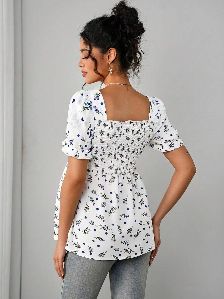 Maternity Ditsy Floral Peplum Blouse - Square Neck, Puff Sleeve, Slim Fit, Blue