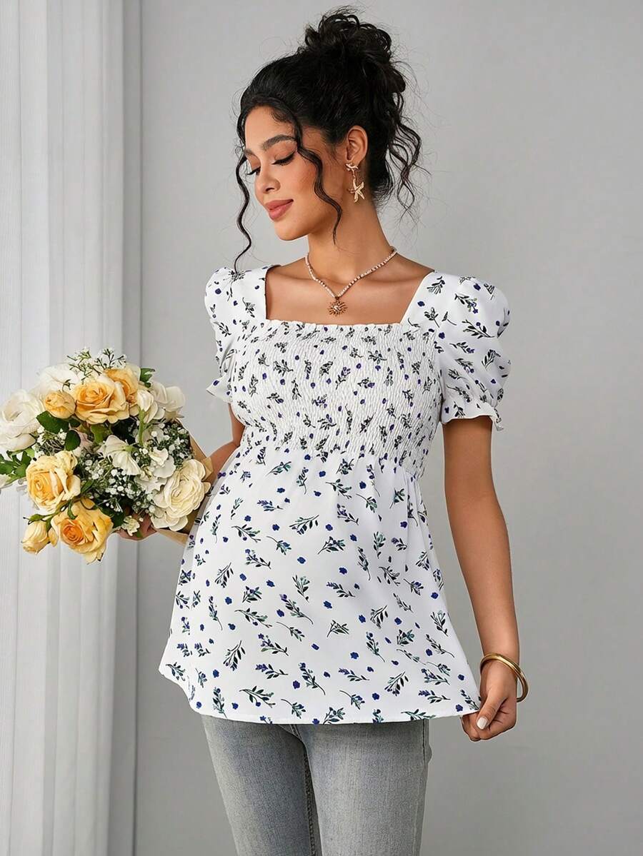 Maternity Ditsy Floral Peplum Blouse - Square Neck, Puff Sleeve, Slim Fit, Blue