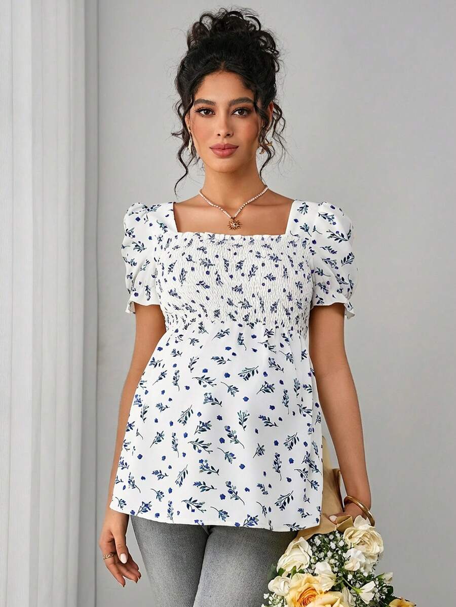 Maternity Ditsy Floral Peplum Blouse - Square Neck, Puff Sleeve, Slim Fit, Blue