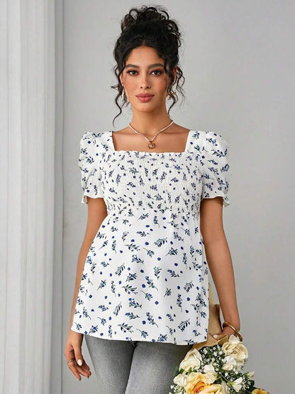 Maternity Ditsy Floral Peplum Blouse - Square Neck, Puff Sleeve, Slim Fit, Blue