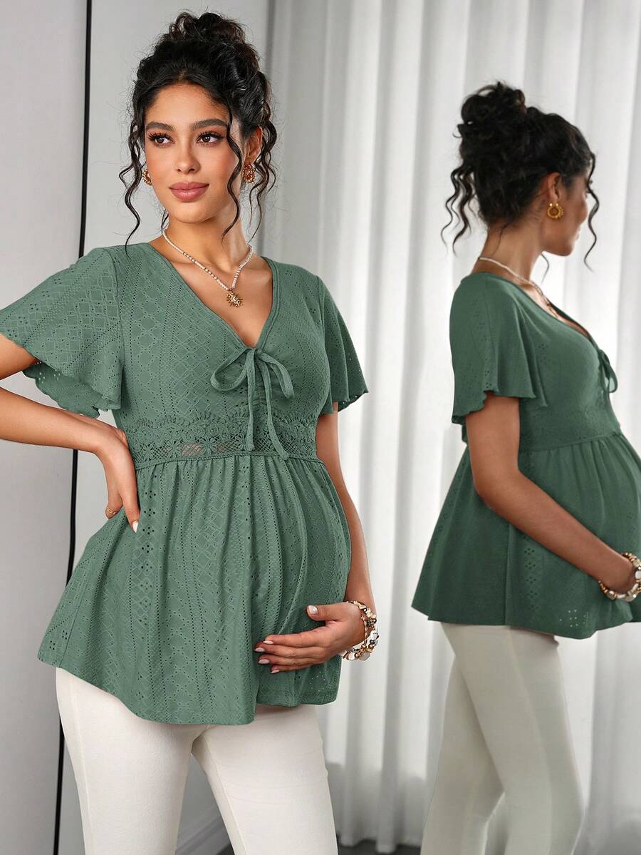 Maternity Hollow Embroidered Tee - V Neck, Puff Short Sleeve, Contrast Lace, Ruched, Yellow