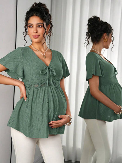 Maternity Hollow Embroidered Tee - V Neck, Puff Short Sleeve, Contrast Lace, Ruched, Yellow