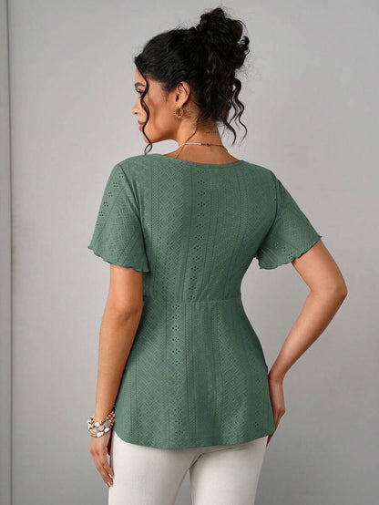 Maternity Hollow Embroidered Tee - V Neck, Puff Short Sleeve, Contrast Lace, Ruched, Yellow