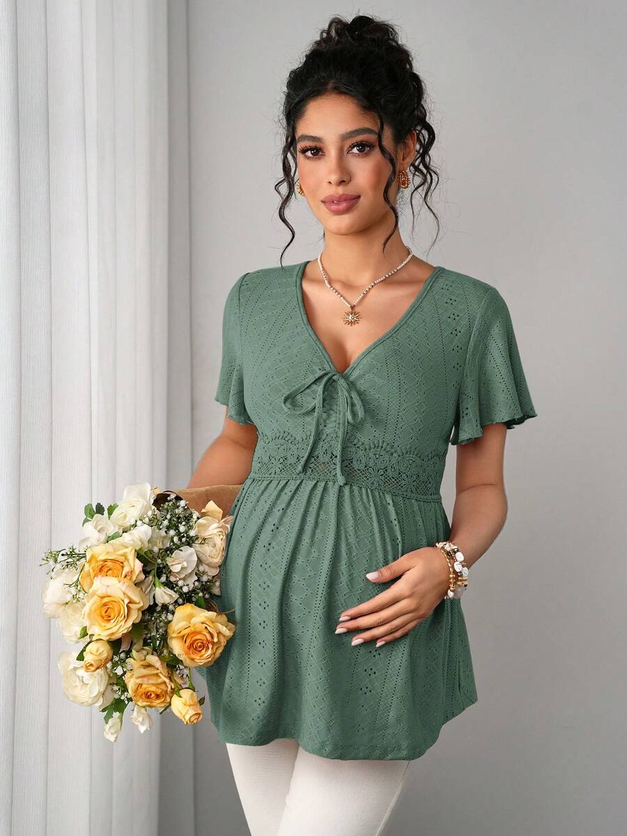 Maternity Hollow Embroidered Tee - V Neck, Puff Short Sleeve, Contrast Lace, Ruched, Yellow