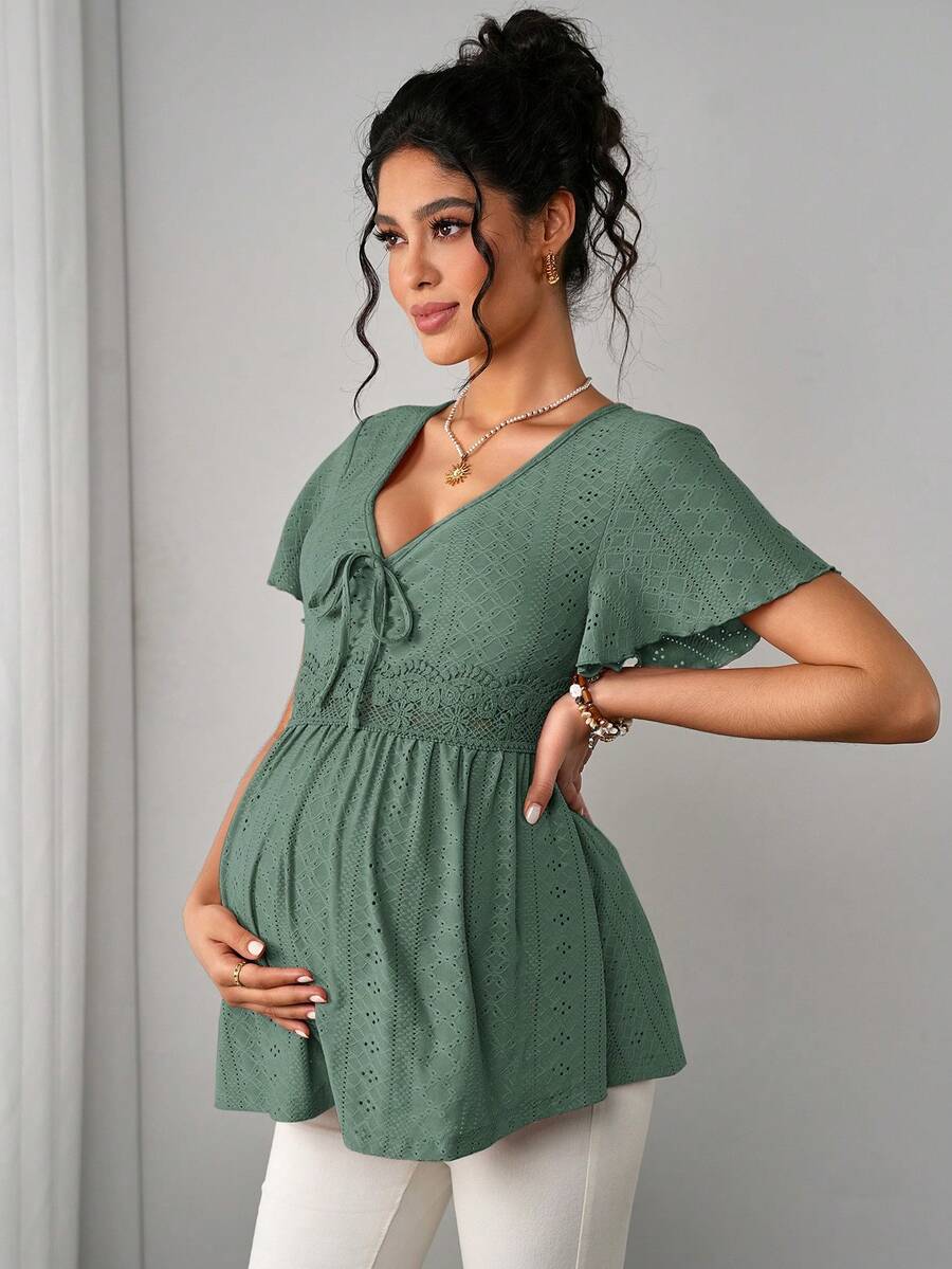 Maternity Hollow Embroidered Tee - V Neck, Puff Short Sleeve, Contrast Lace, Ruched, Yellow