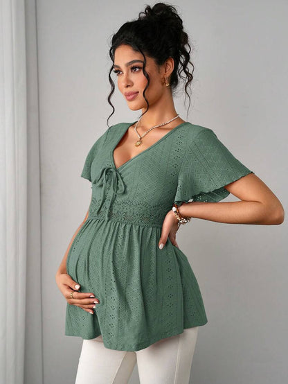 Maternity Hollow Embroidered Tee - V Neck, Puff Short Sleeve, Contrast Lace, Ruched, Yellow