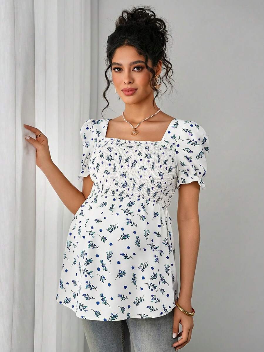 Maternity Ditsy Floral Peplum Blouse - Square Neck, Puff Sleeve, Slim Fit, Blue