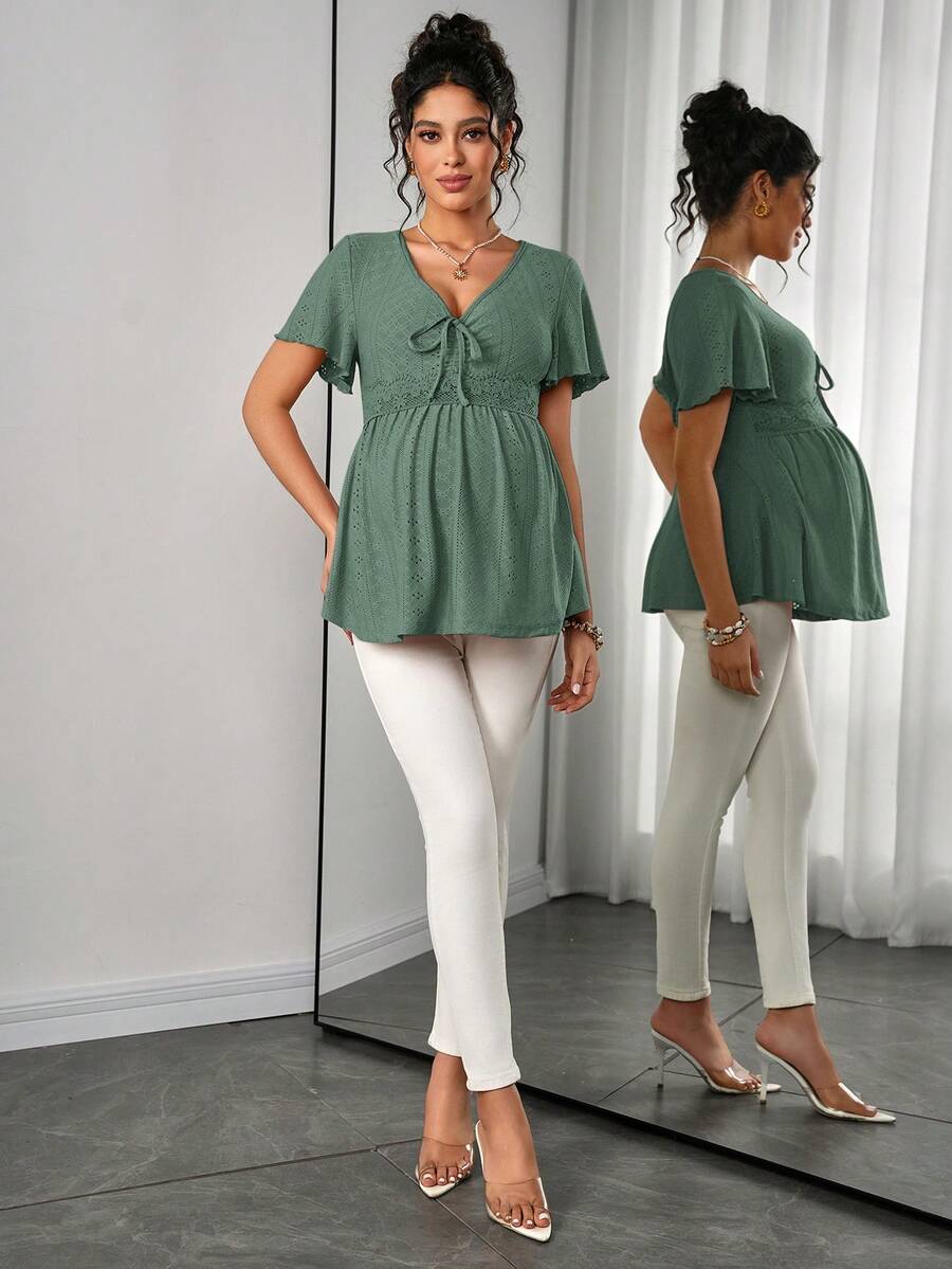 Maternity Hollow Embroidered Tee - V Neck, Puff Short Sleeve, Contrast Lace, Ruched, Yellow