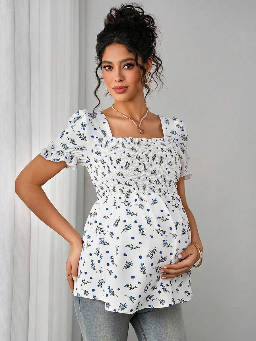 Maternity Ditsy Floral Peplum Blouse - Square Neck, Puff Sleeve, Slim Fit, Blue