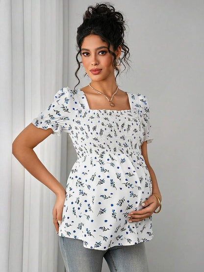 Maternity Ditsy Floral Peplum Blouse - Square Neck, Puff Sleeve, Slim Fit, Blue