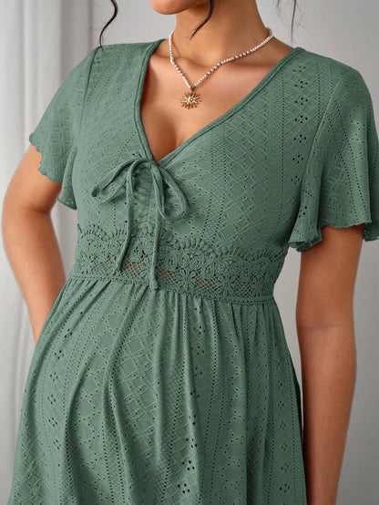Maternity Hollow Embroidered Tee - V Neck, Puff Short Sleeve, Contrast Lace, Ruched, Yellow