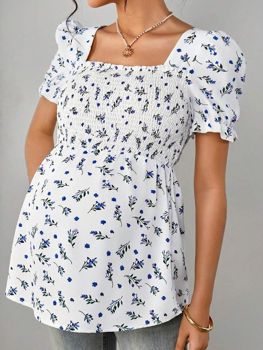 Maternity Ditsy Floral Peplum Blouse - Square Neck, Puff Sleeve, Slim Fit, Blue