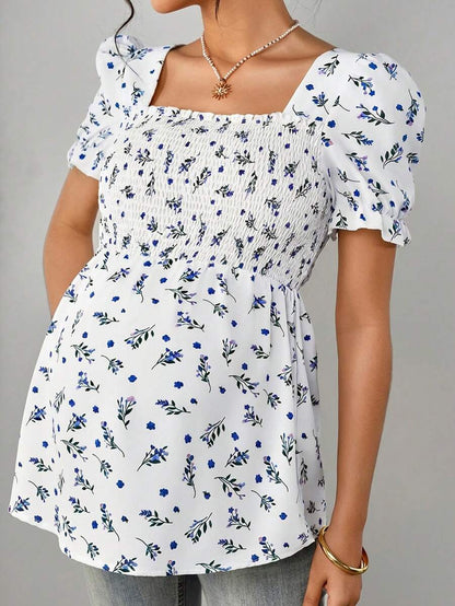 Maternity Ditsy Floral Peplum Blouse - Square Neck, Puff Sleeve, Slim Fit, Blue