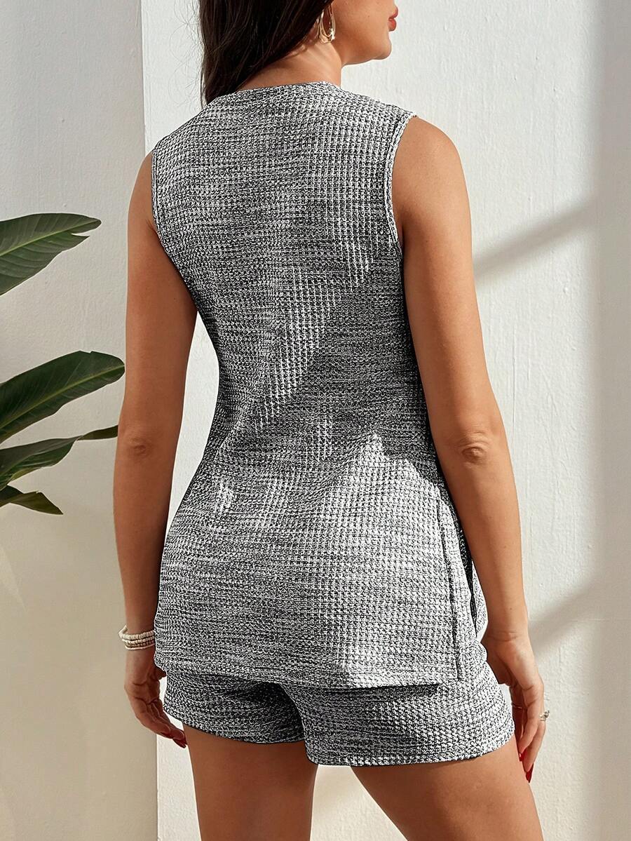 Maternity Tweed Plaid Knit Camisole and Shorts Set  Green Sleeveless Round Neck Slim Fit Two-Piece Beach Vacation Outfit
