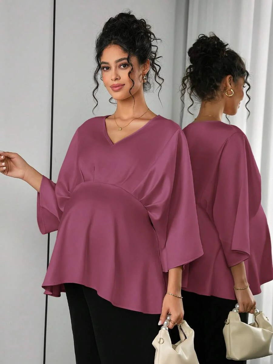 Maternity Elegant Blouse - V Neck, Batwing Three Quarter Sleeve, Asymmetric Hem, White