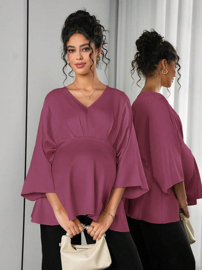 Maternity Elegant Blouse - V Neck, Batwing Three Quarter Sleeve, Asymmetric Hem, White