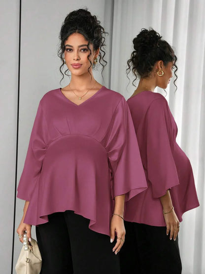 Maternity Elegant Blouse - V Neck, Batwing Three Quarter Sleeve, Asymmetric Hem, White