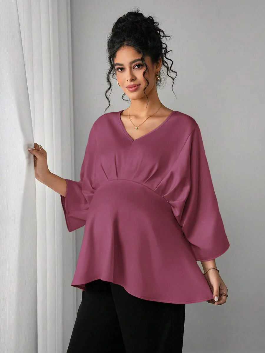 Maternity Elegant Blouse - V Neck, Batwing Three Quarter Sleeve, Asymmetric Hem, White