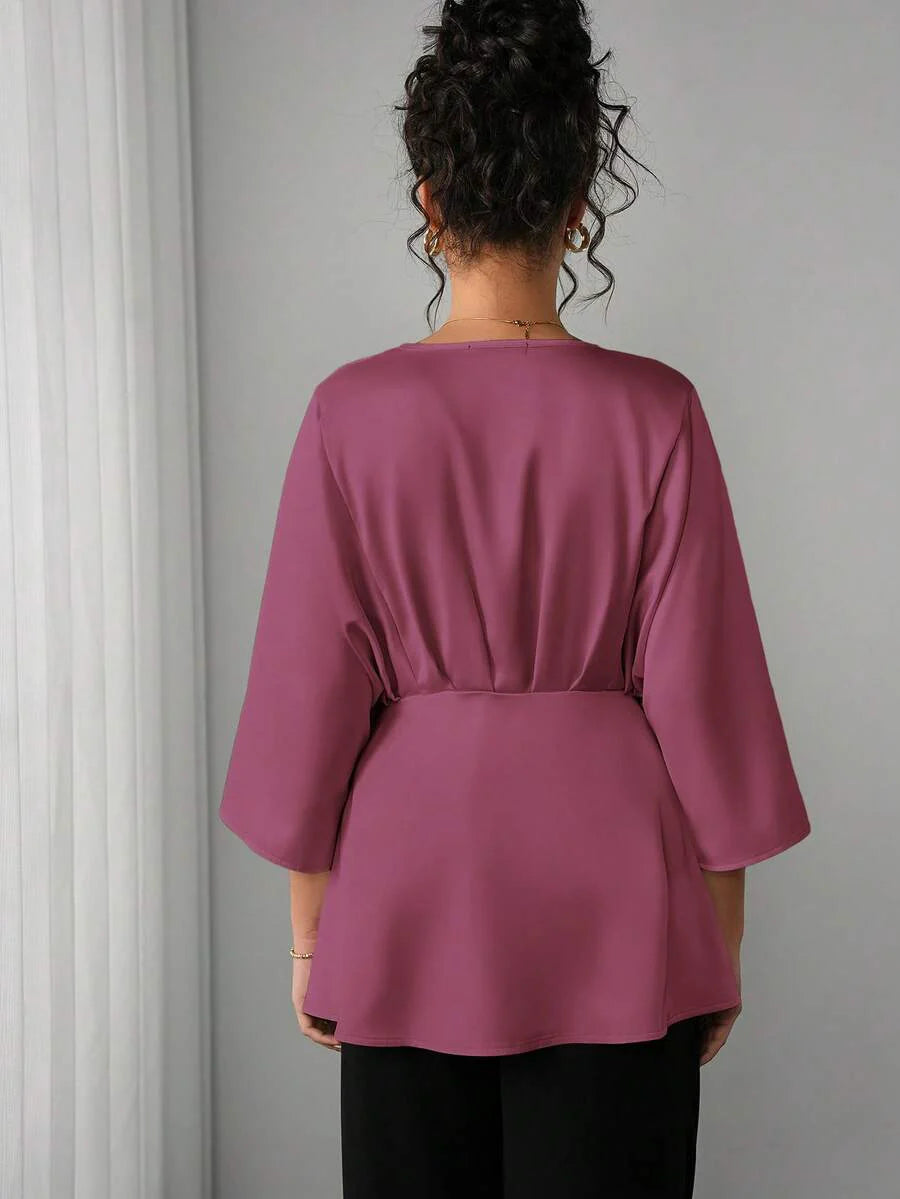 Maternity Elegant Blouse - V Neck, Batwing Three Quarter Sleeve, Asymmetric Hem, White