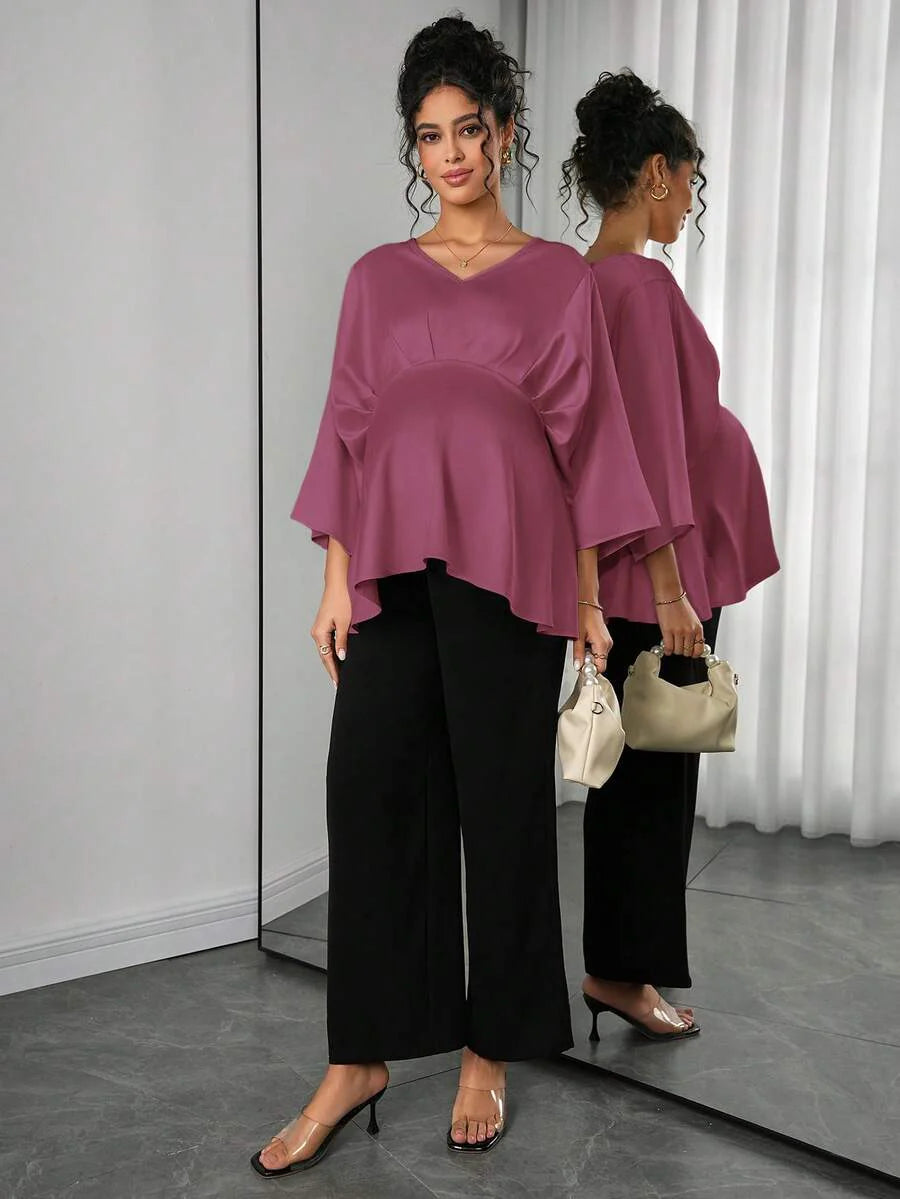 Maternity Elegant Blouse - V Neck, Batwing Three Quarter Sleeve, Asymmetric Hem, White