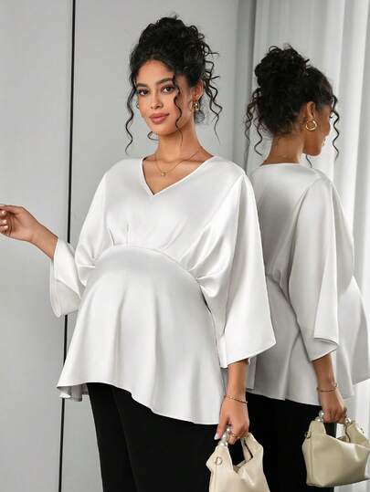 Maternity Elegant Blouse - V Neck, Batwing Three Quarter Sleeve, Asymmetric Hem, White